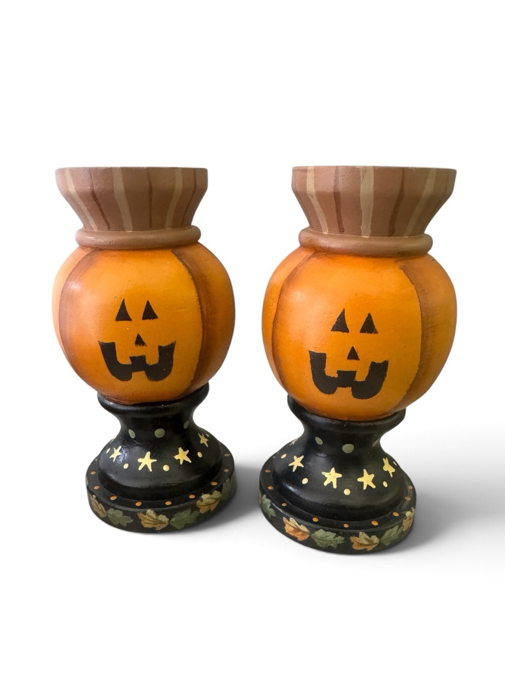 Vintage Set of 2 Wooden Hand Painted Halloween Jack-O-Lantern 5” Candle Holders